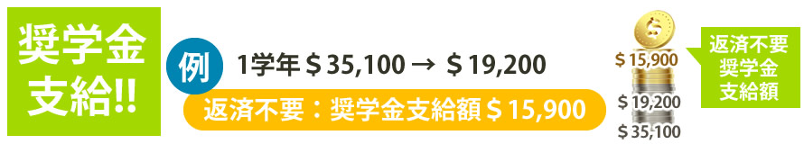 授業料、寮費、食費学部課程（1学年）＄35,100→$19,200（返済不要奨学金額　$15,900）