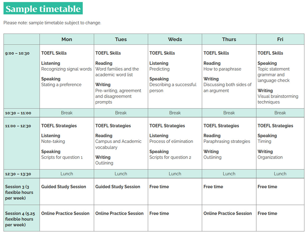 サンプルスケジュール（TOEFL対策コース）